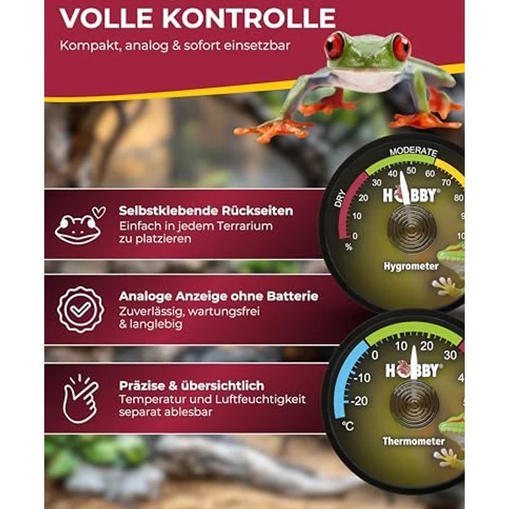 HOBBY Terraristik analoges Hygrometer & Thermometer, zur exakten Kontrolle der Luftfeuchtigkeit und Temperatur in Terrarien, selbstklebend, wartungsfrei – Bild 4