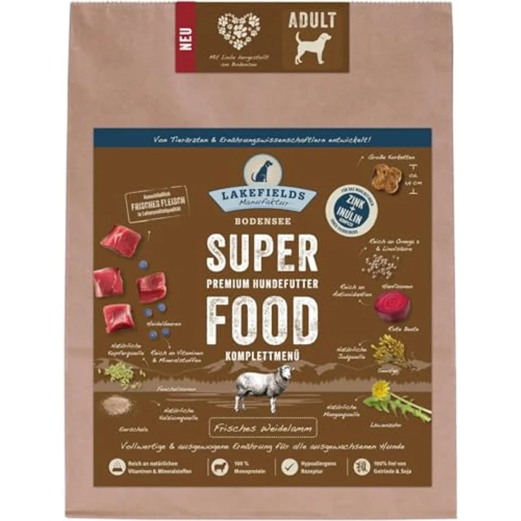 LAKEFIELDS MANUFAKTUR - SUPER Food - Premium Hundefutter trocken, Lamm 61%, getreidefreies Alleinfutter mit Spinat & Hanfsamen, 2 x 2.5 Kg