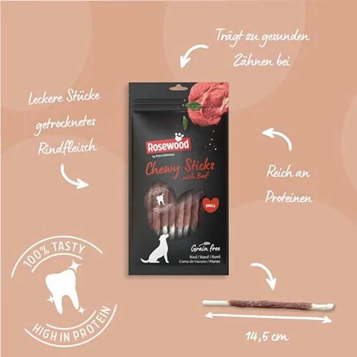 Rosewood Chewy Sticks Rind Small, 8 Stück, 72 g, getreidefreie Kaustangen für kleine Hunde mit schmackhaftem Rindfleisch und Rinderhaut – Bild 3