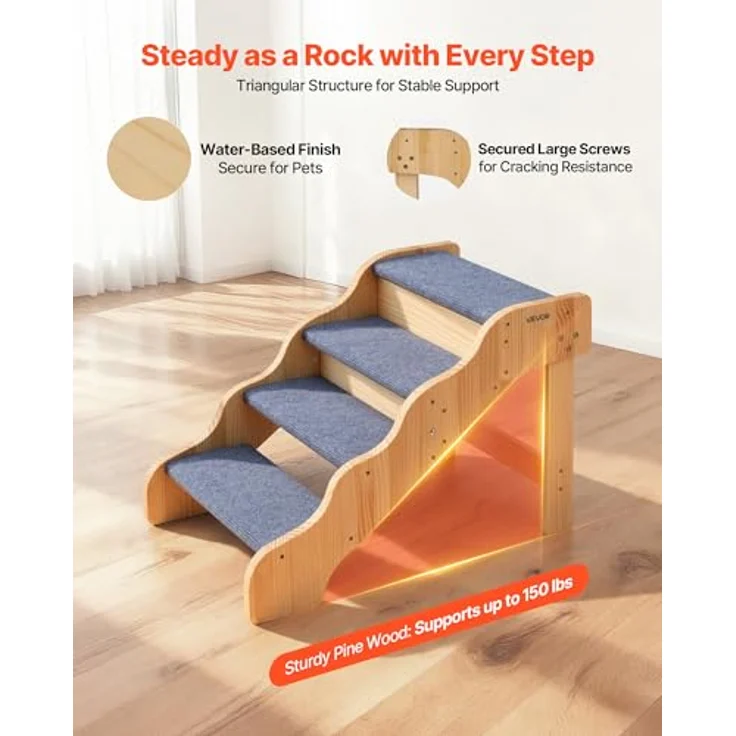VEVOR Hundetreppe 740x430x500 mm, 4-stufige klappbare Holztreppe für kleine, mittlere und große Haustiere bis 68 kg mit rutschfester Oberfläche und stabiler Konstruktion – Bild 3