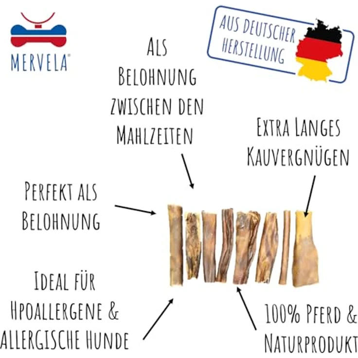 MERVELA Pferdekopfhaut für Hunde, 1 kg, hypoallergener Monoprotein-Kausnack, ideal für sensible Hunde, schonend getrocknet, hergestellt in Deutschland – Bild 3