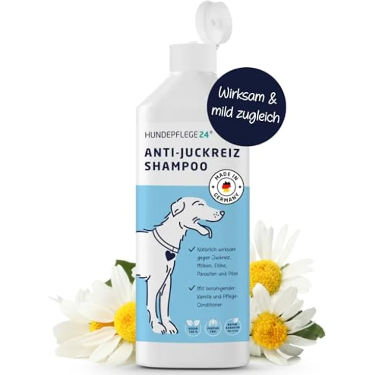 Hundepflege24 Natürliches Hundeshampoo 3in1 gegen Juckreiz, mit Fellglanzformel und Conditioner, unterstützend bei Milben, Flöhen & Pilzbefall, 500ml – Bild 1