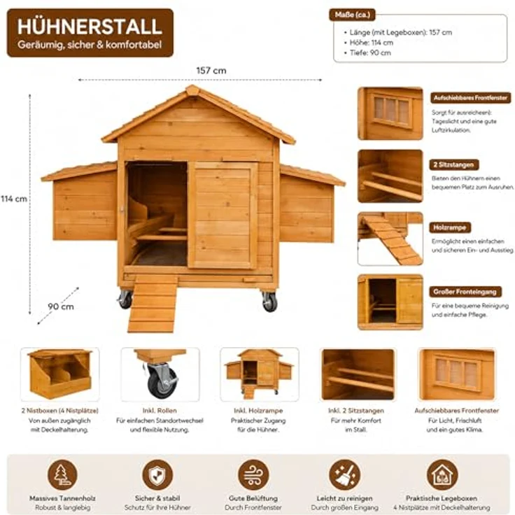 Mucola Rollbarer Hühnerstall aus Holz, inkl. 2 Nestboxen, Wetterfest, Schutz vor Bodennässe und Kälte, Natur/Braun – Bild 3