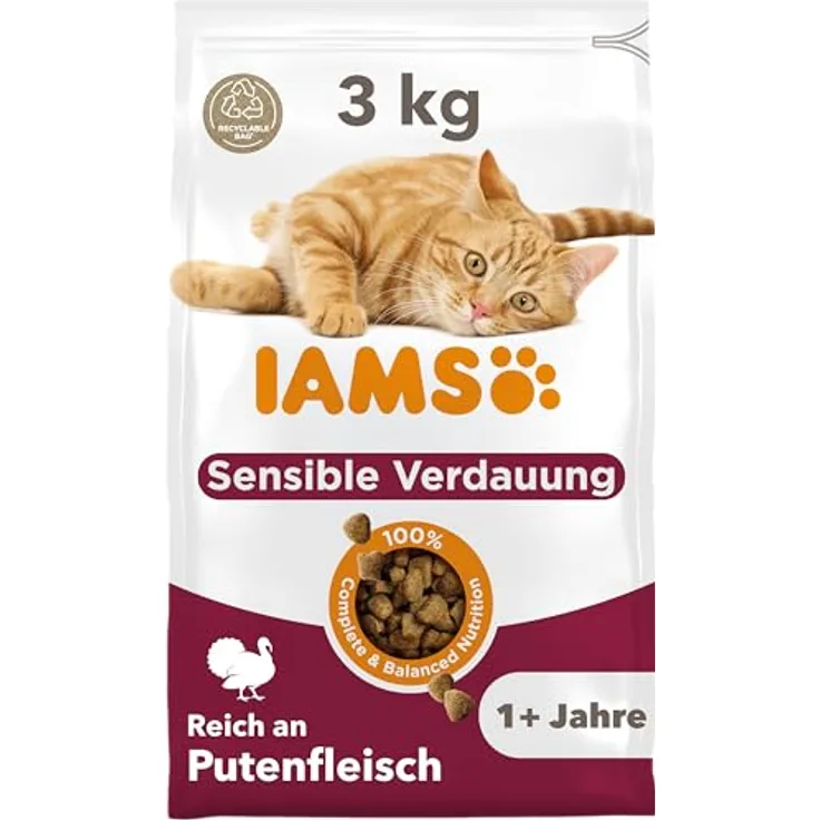 IAMS for Vitality Sensible Verdauung, Trockenfutter für Katzen mit empfindlichen Mägen, 3 kg mit hochwertigen tierischen Proteinen und gesunder Verdauungsunterstützung