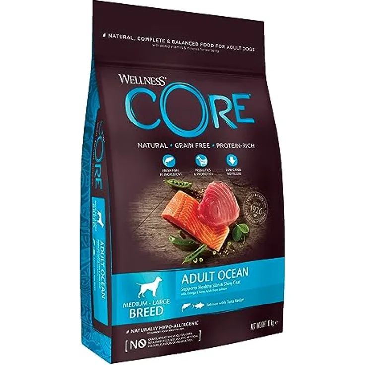 Wellness CORE Ocean, Trockenfutter für Hunde mit Lachs & Thunfisch, 10 kg, getreidefrei, ohne Zuckerzusatz, glänzendes Fell, hoher Fleischanteil
