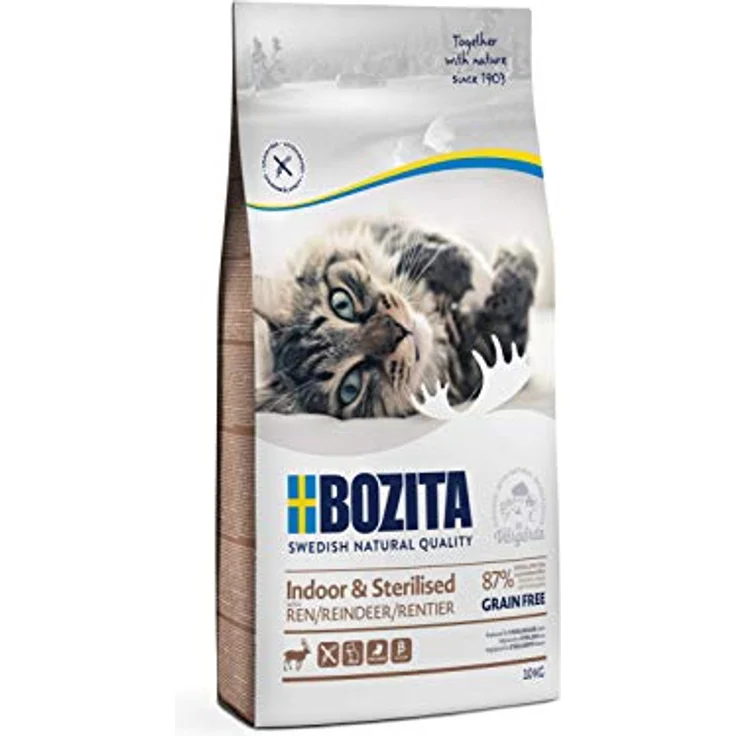 Bozita Indoor & Sterilised Katzentrockenfutter mit Rentier, 10 kg, getreidefrei, 33% Protein, 14% Fett, gentechnikfrei, Alleinfuttermittel für sterilisierte Wohnungskatzen – Bild 1