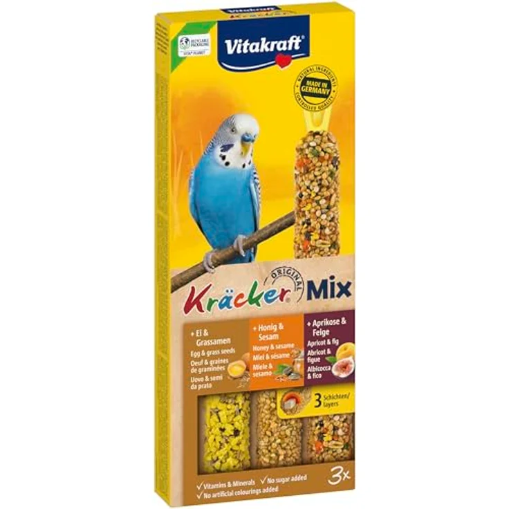 Vitakraft Kräcker Mix, Vogelsnack Knabberstangen, mit Ei, Grassamen, Aprikose, Feige, Honig und Sesam, zur Schnabelpflege, ohne Zuckerzusatz (10x 80g) – Bild 3