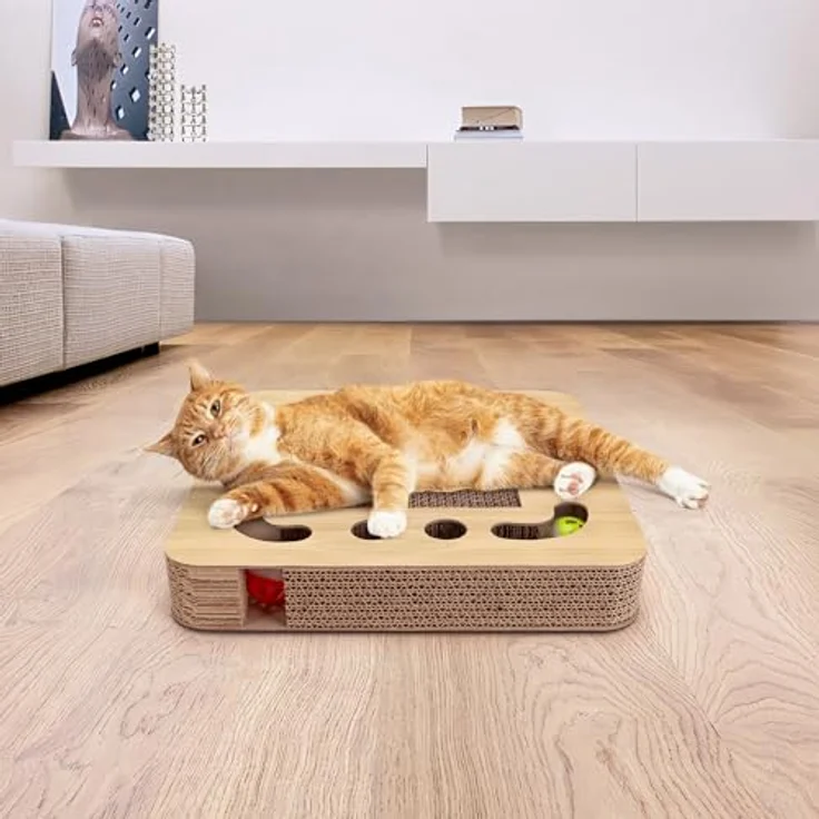 Nobleza Katzenkratzbrett, interaktives 3-in-1 Katzenspielzeug mit Minze und 2 Klingelballs, aus Wellpappe – Bild 4