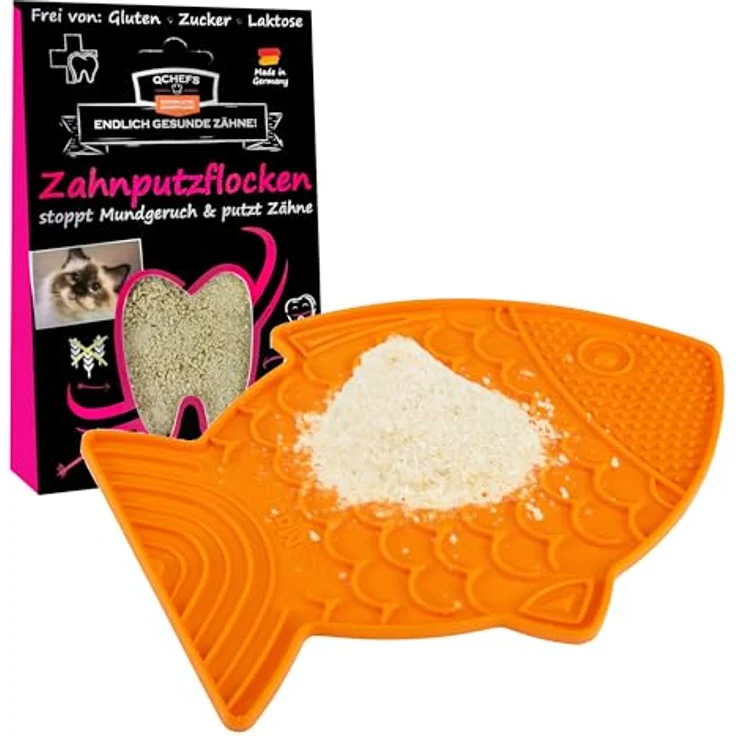 Qchefs Schleckmatte Felix, Zahnpflege Topping mit natürlichen Zahnputzflocken für Katzen, glutenfrei und hypoallergen – Bild 1