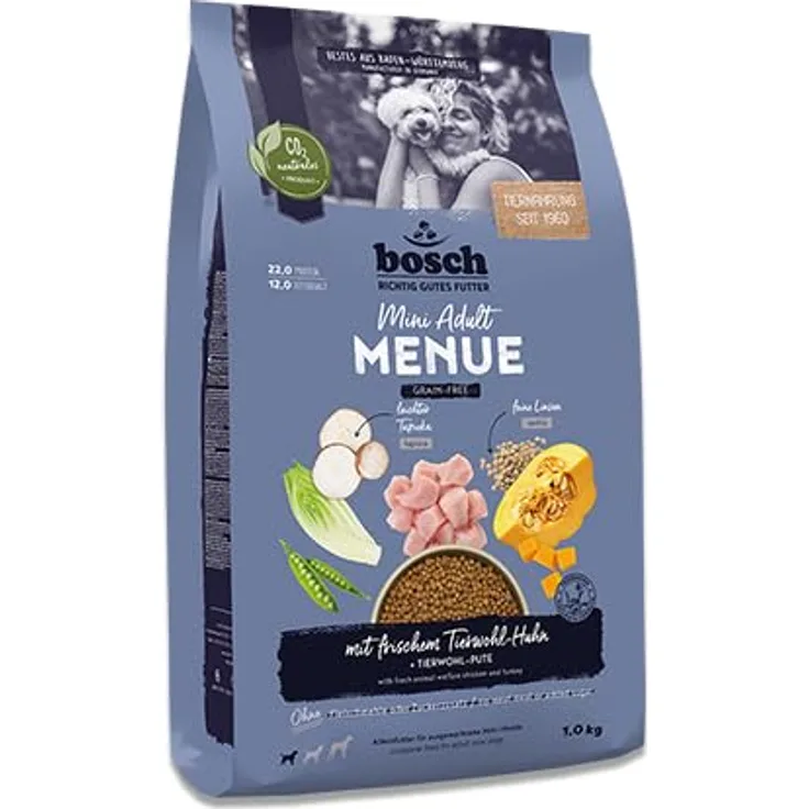 Bosch HPC MENUE Mini Adult, Hundetrockenfutter mit 50 % Frischfleisch, Tierwohl-Huhn, getreidefrei, 2,4 kg