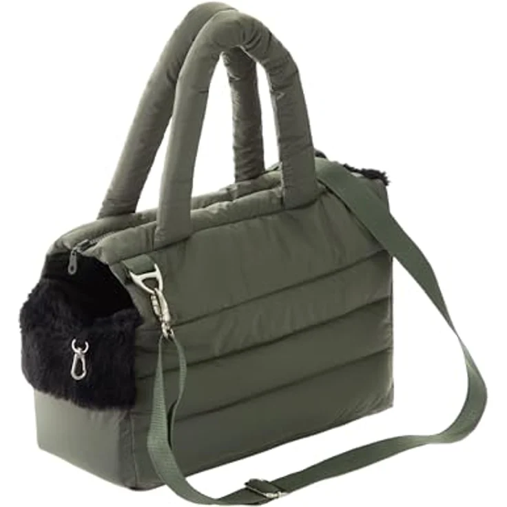 DOGGY Fluffy Ride Transporttasche für Hunde und Katzen, multifunktionale Schultertasche bis 8 kg, olivgrün mit Gummiband und Karabiner – Bild 3