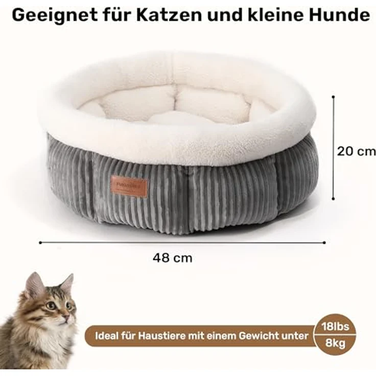 FUKUMARU Katzenbett waschbar, 48x48x20cm Katzenkorb mit erhöhtem Rand, rutschfester Boden, plüschig grau – Bild 5