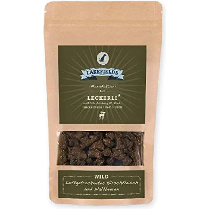 Lakefields MANUFAKTUR Snacks Trockenfleisch Leckerlei Hirsch, 100% getreidefrei, Monoprotein, hypoallergen, 150g (4 x 150g)