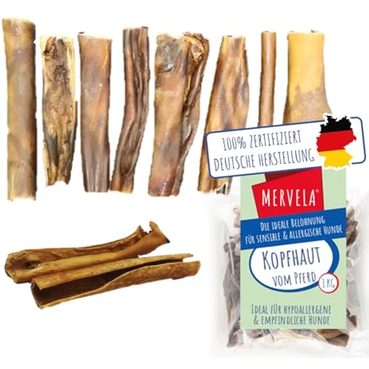 MERVELA Pferdekopfhaut für Hunde, 1 kg, hypoallergener Monoprotein-Kausnack, ideal für sensible Hunde, schonend getrocknet, hergestellt in Deutschland