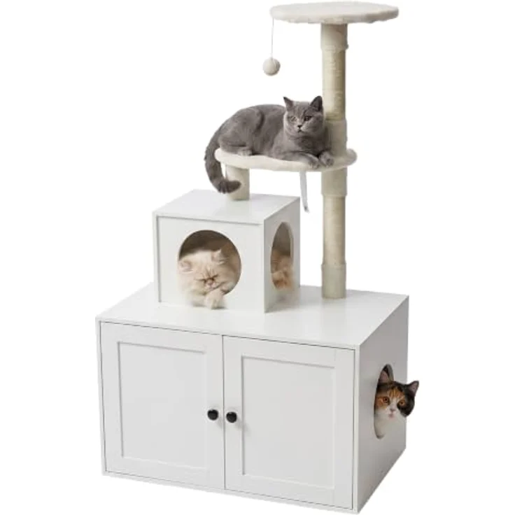 Relaxdays Kratzbaum mit Katzenkloschrank, 2-in-1 Katzenmöbel mit Sisalstämmen, Liegemulde und Holzoptik, HBT: 133x78x49 cm, weiß – Bild 1