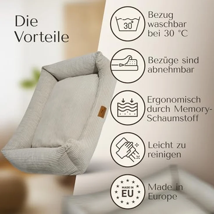 FREUDENTIER Orthopädisches Hundebett Cord, Waschbar, Ergonomisches Hundesofa mit herausnehmbarem Liegekissen, Beige, L – Bild 5