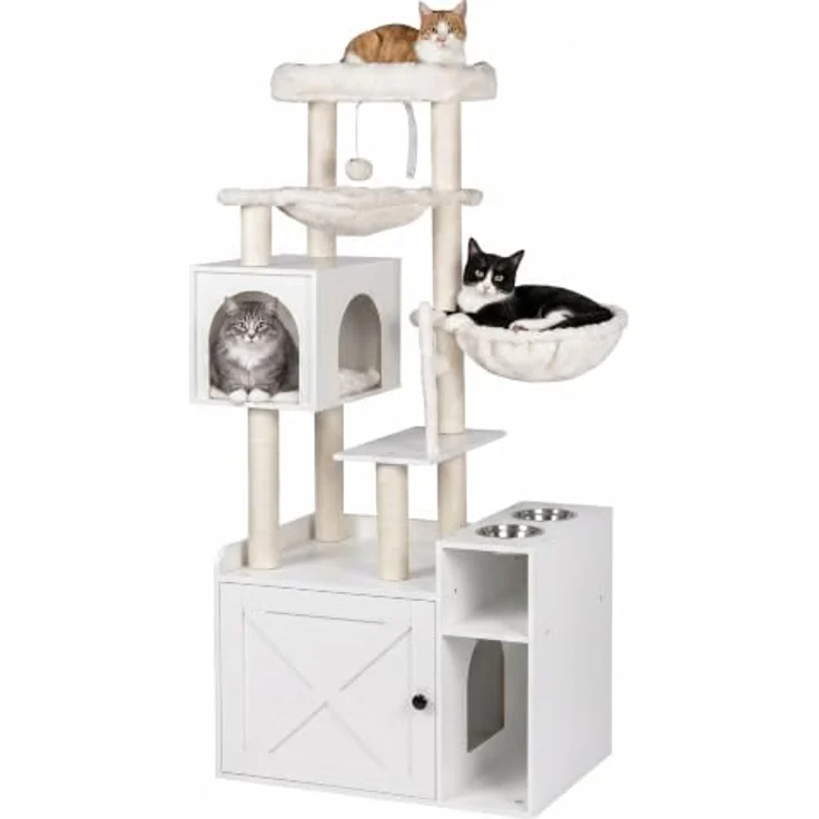 Relaxdays Kratzbaum Katzenkloschrank mit Magnettür, Sisal & Höhle, 2 Näpfen, weiß – Bild 1