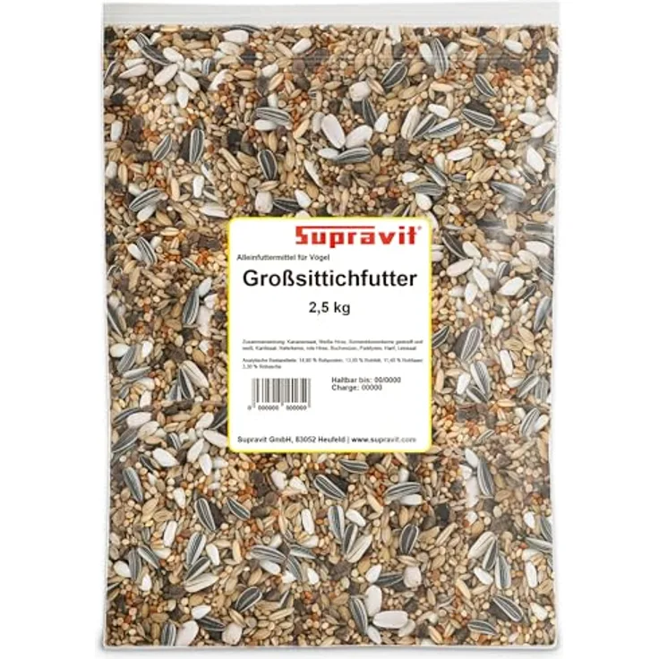 Supravit Großsittichfutter 2,5 kg - Körnermischung mit Sonnenblumenkerne - ausgewogenes Vogelfutter mit wichtigen Nährstoffen und Mineralien für Sittiche
