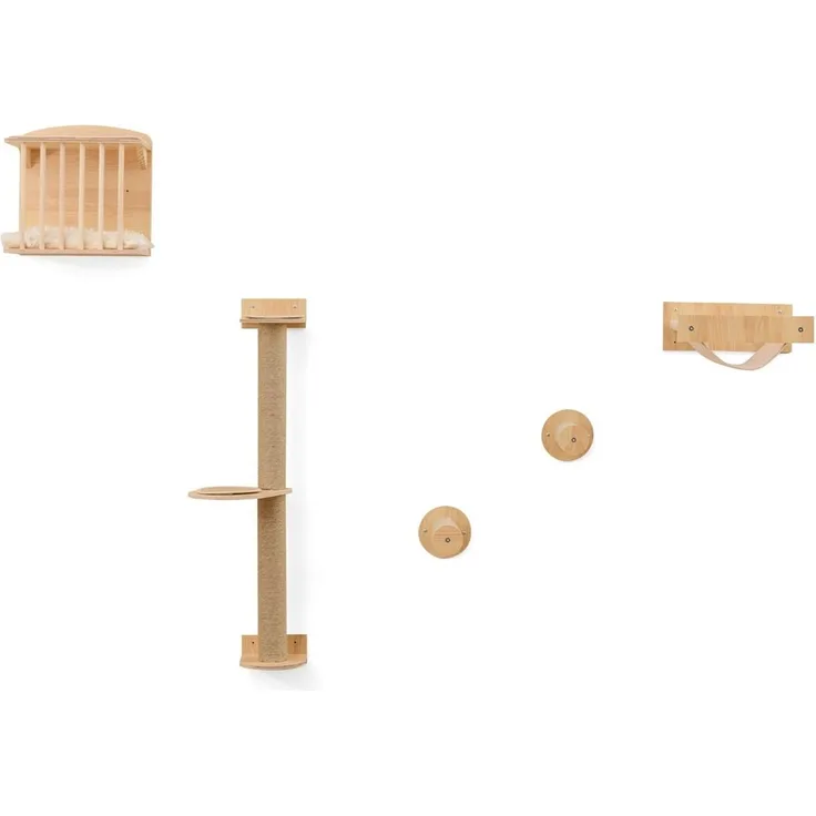 Northix Wandmontiertes Katzenkletterset, 5-teilig mit Hängematte, Kratzstämmen und stabilem Katzenhaus, Holz und Stoff