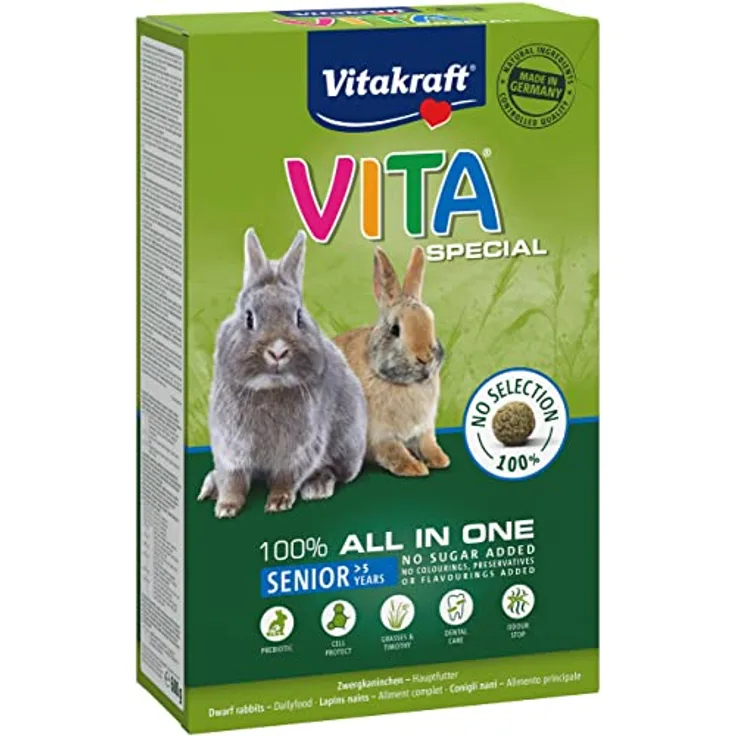 Vitakraft Vita Special Senior, Hauptfutter für ältere Zwergkaninchen, mit Heu und Omega-Fettsäuren, zucker- und getreidefrei, 600g