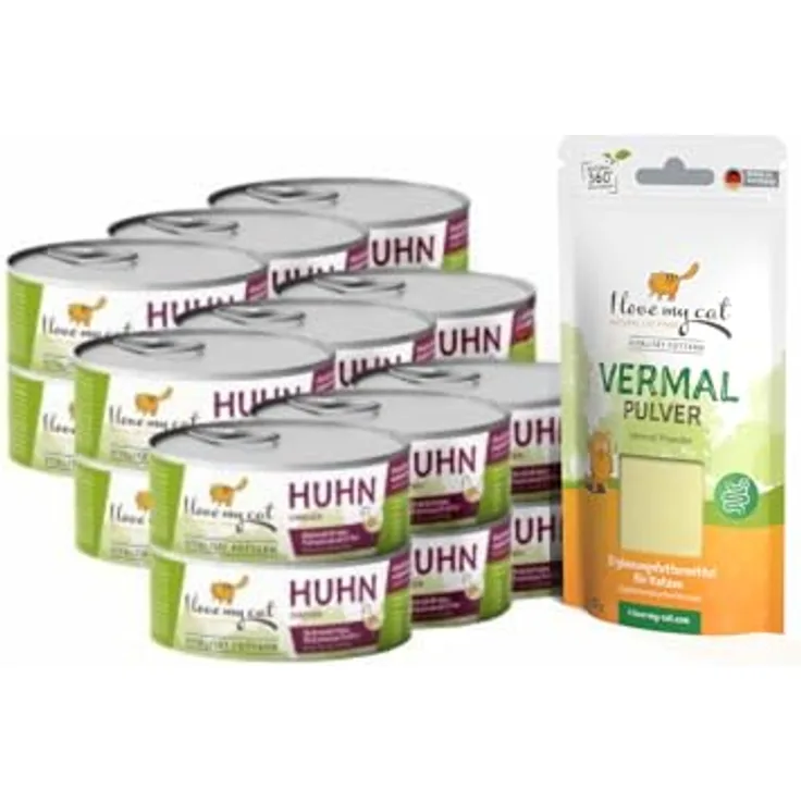 I love my cat NATURAL CAT FOOD I Love My Cat Sparset für Katzen mit Vermal Pulver & Nassfutter Huhn, getreidefrei, 18 x 100 g + 35 g Pulver, natürliche Zutaten, Unterstützung der Darmflora