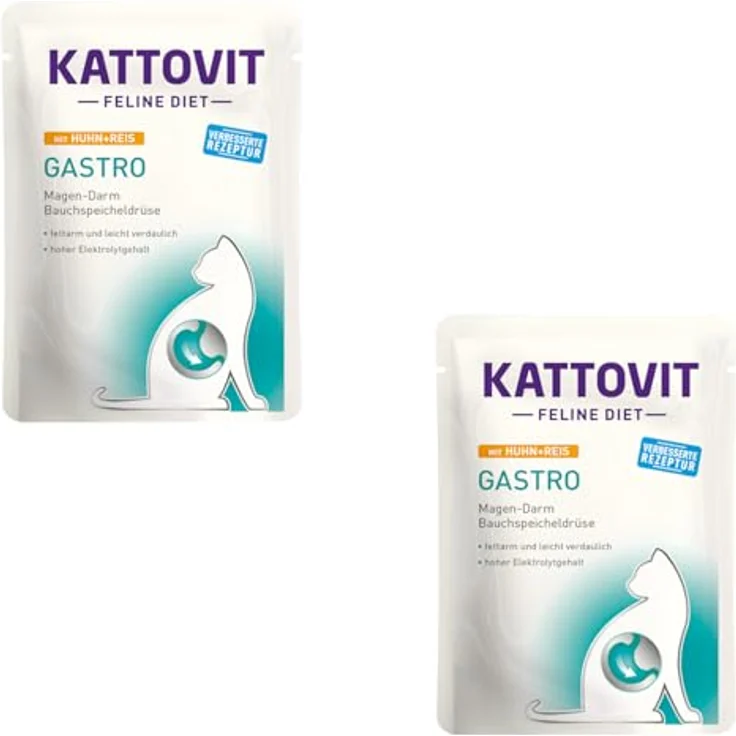 Kattovit Gastro Huhn & Reis, Diät-Alleinfuttermittel für ausgewachsene Katzen, Doppelpack 2 x 24 x 85 g, fettarm und gut verdaulich bei Verdauungsproblemen – Bild 1
