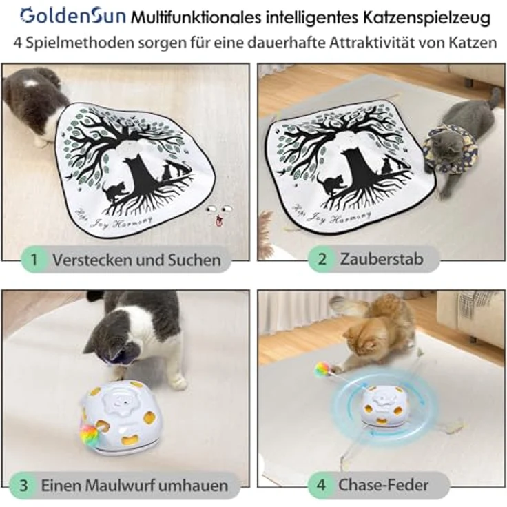 GoldenSun Katzenspielzeug, Interaktives 4-in-1 Versteckspielzeug mit Selbstspielmodus, Aufladbar, inkl. 3 DIY-Ersatzfedern, ABS-Material – Bild 2