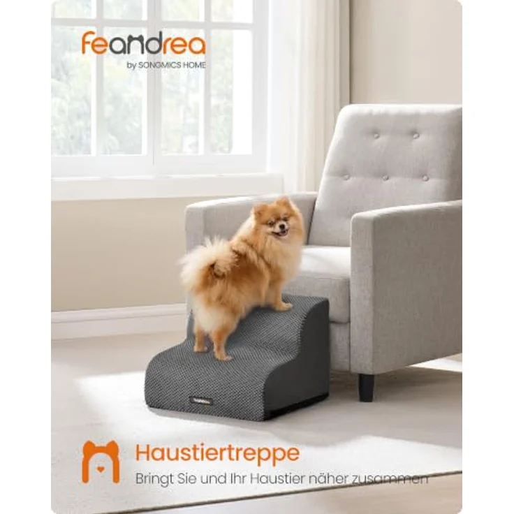 Feandrea Hundetreppe, 2 Stufen, Kurzplüsch, wasserdicht, rutschfest mit abnehmbarem Bezug, schiefergrau, PPS012GN01 – Bild 2