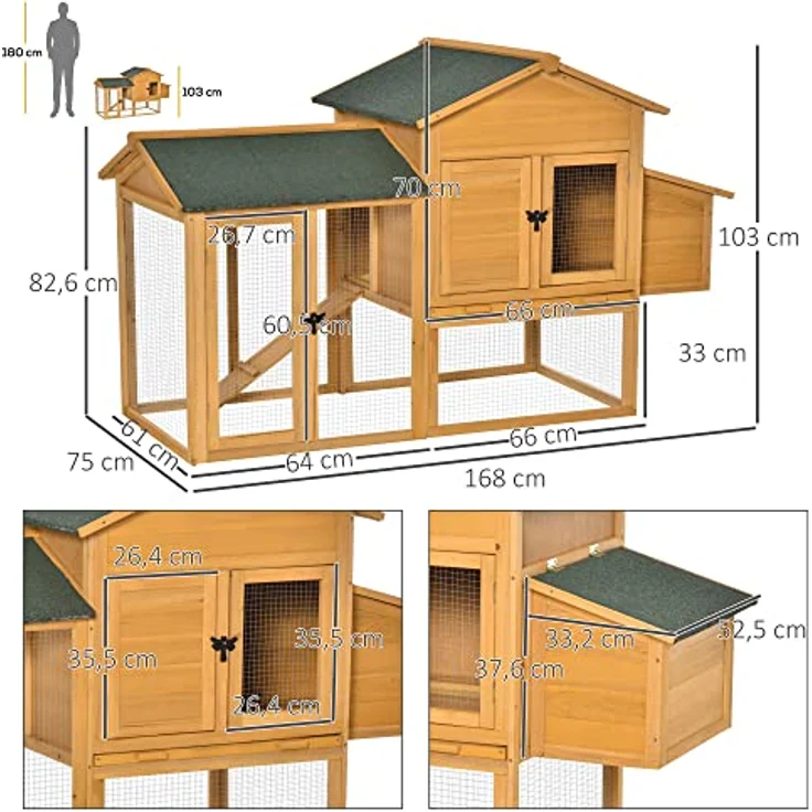 PawHut Zwerghühnerstall Zwerghühnerhaus mit Auslauf Tannenholz Gelb 168x75x103 cm – Bild 5