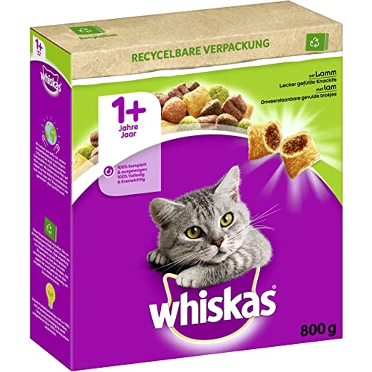 Whiskas 1+ Lamm, Trockenfutter für ausgewachsene Katzen, Sparpaket 2 x 800 g mit knackigen Kroketten und Vitaminen unterstützend für Zahnpflege und Sehkraft – Bild 2