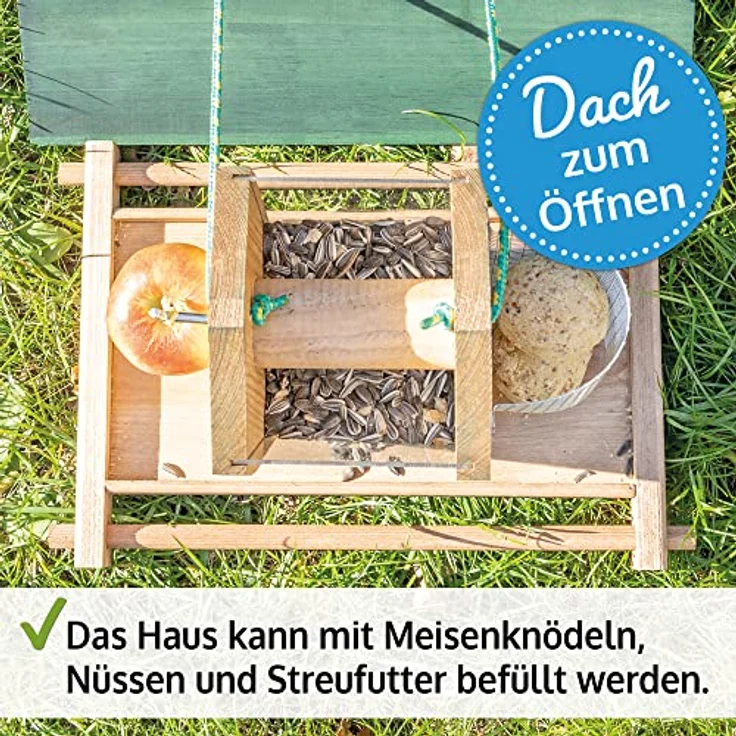 Zooprinz Vogelhaus "Bird Kitchen", wetterfestes Vollholz mit Plexiglasscheiben, Sitzstangen und Schutzdach, weiß oder naturbraun – Bild 4