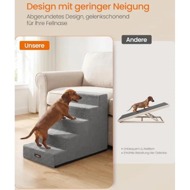 Feandrea Hundetreppe Baddi Kollektion PPS025GD01, 5-stufige Katzentreppe aus hochdichtem Schaumstoff, 76 x 40 x 57 cm, wasserdicht und waschbar, grau – Bild 3