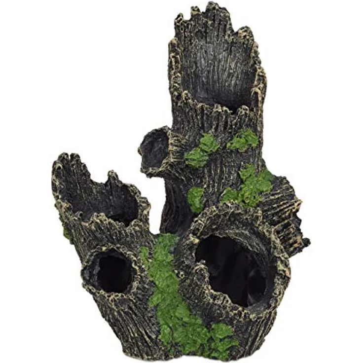 Relaxdays Baumstamm Höhle für Aquarien, Deko in Natur-Optik, 3D-Versteck aus ungiftigem Polyresin, schwarz-grün, HxBxT 16,5 x 15,5 x 11 cm