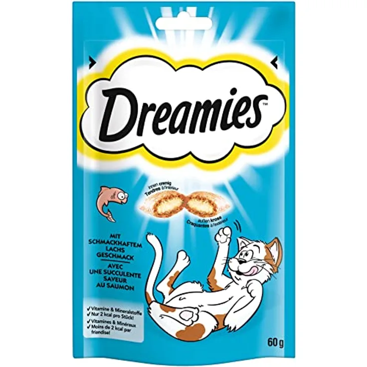 Dreamies Katzensnack Klassik, Sparpaket Lachs, 6 x 60 g, mit knuspriger Hülle und cremig-weichem Kern, ohne künstliche Aromastoffe