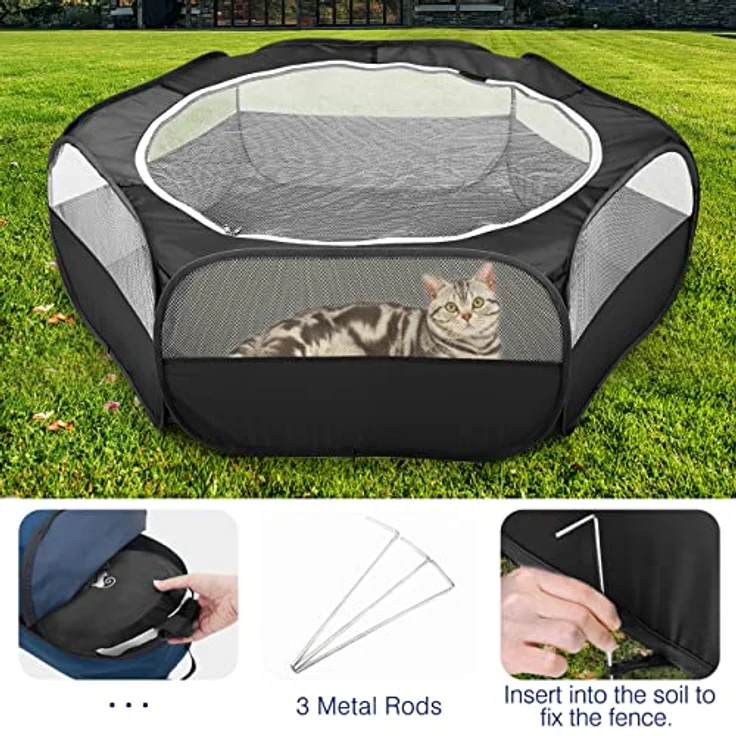 Pawaboo Kleintiere Freigehege, Wasserdicht Faltbar für Kaninchen, Hühner und Welpen, 133 cm x 38 cm, Visuell Laufstall mit Netz und Nylonboden, Schwarz – Bild 5