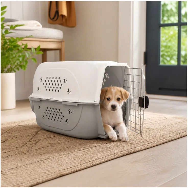 HTI-Living Tiertransporttasche, stabile Transportbox für Hunde und Katzen mit Lüftungssystem, grau/weiß, 58 x 38 x 38 cm