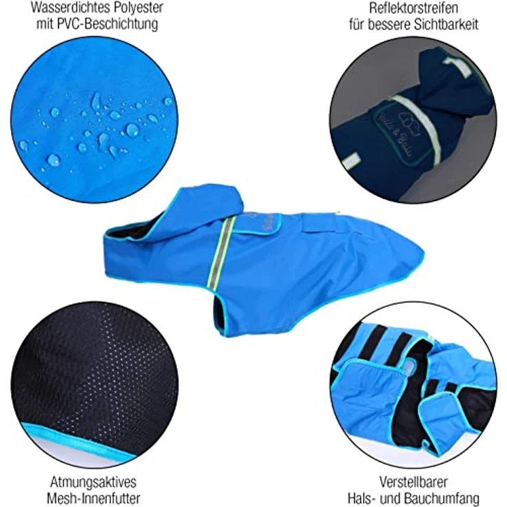 Bella & Balu Hunderegenmantel, Wasserdichter Hundemantel mit Kapuze und Reflektoren für sichere Gassigänge, Größe L, Blau – Bild 2