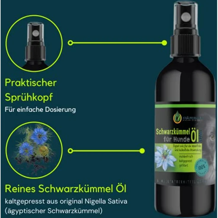 KRÄUTERLAND Schwarzkümmelöl Spray für Hunde, 250ml kaltgepresst nativ, praktische Sprühflasche zur Futterergänzung und Fellpflege – Bild 5