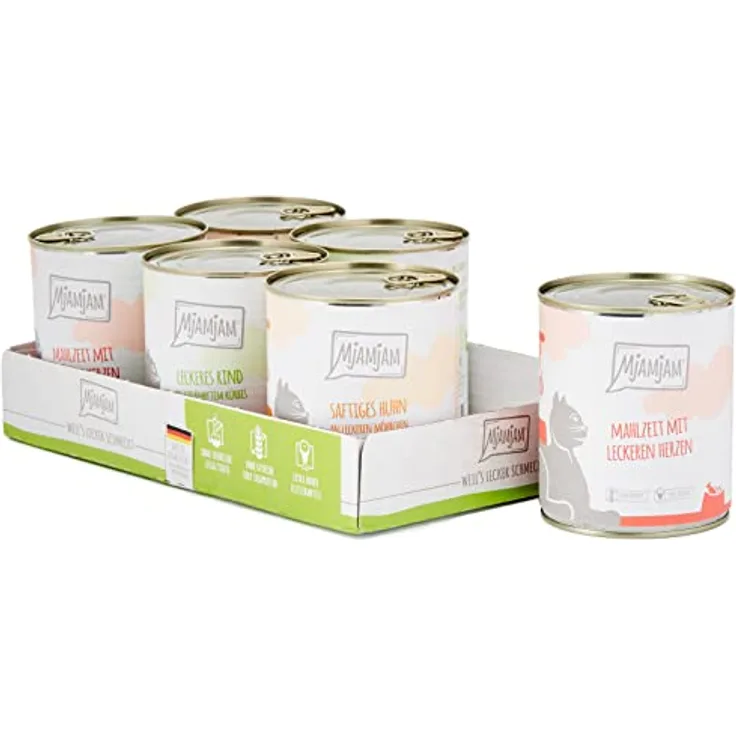 MjAMjAM Premium Nassfutter für Katzen Mixpaket I, getreidefrei, 6 x 800g, Huhn, Rind, Herzen, hoher Fleischanteil