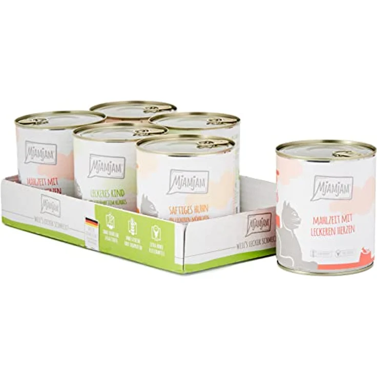 MjAMjAM Premium Nassfutter für Katzen Mixpaket I, getreidefrei, 6 x 800g, Huhn, Rind, Herzen, hoher Fleischanteil – Bild 1
