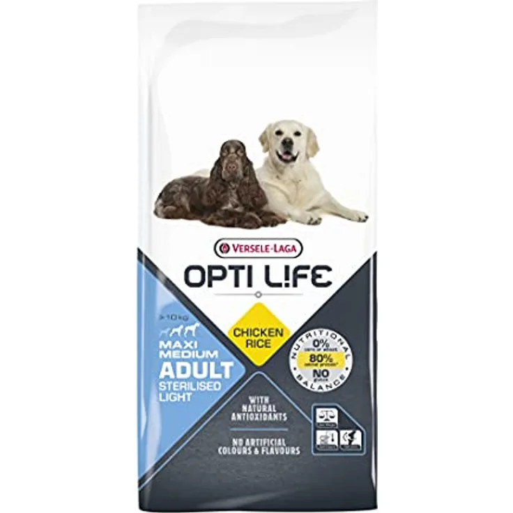 VERSELE-LAGA Opti Life Adult Light Medium & Maxi, Trockenfutter für große und mittelgroße Hunde mit Übergewicht, 12,5kg, glutenfreies Huhn und Reis, leicht verdauliche Zutaten