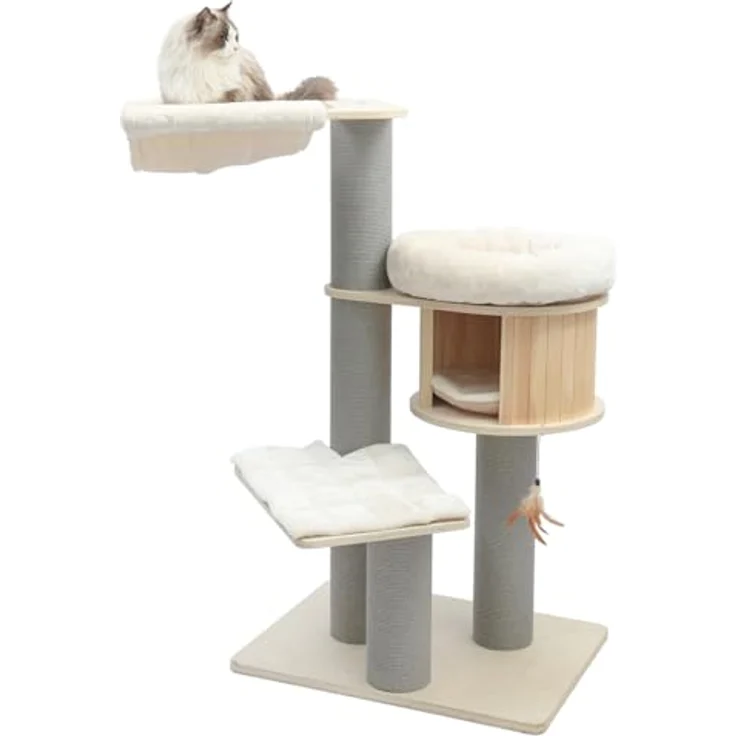 CanadianCat Company Kratzbaum Remy, beige, 130 cm hoch mit Holzhöhle und gepolsterten Liegeflächen – Bild 5