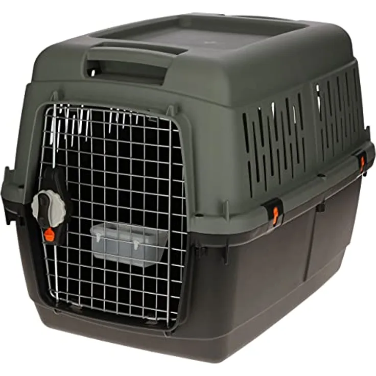 Kerbl Pet Transportbox, flugtaugliche Hundebox aus 100% recyceltem Kunststoff, anthrazit/graugrün, 81x60x61,5cm, für Hunde bis 40kg, mit Metalltür und Wassernapf