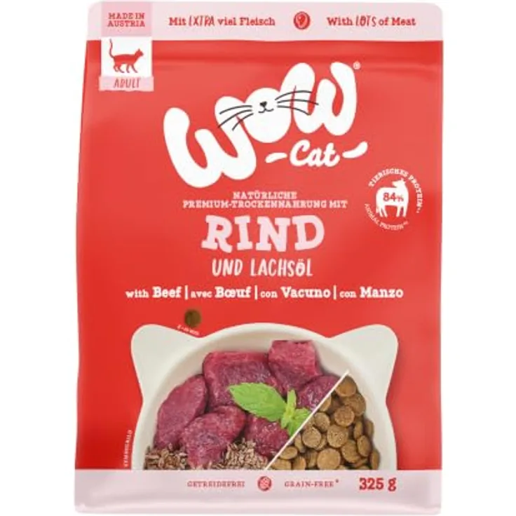 WOW Cat Adult Rind, Premium-Trockenfutter für ausgewachsene Katzen mit 84% tierischem Protein, 325 g