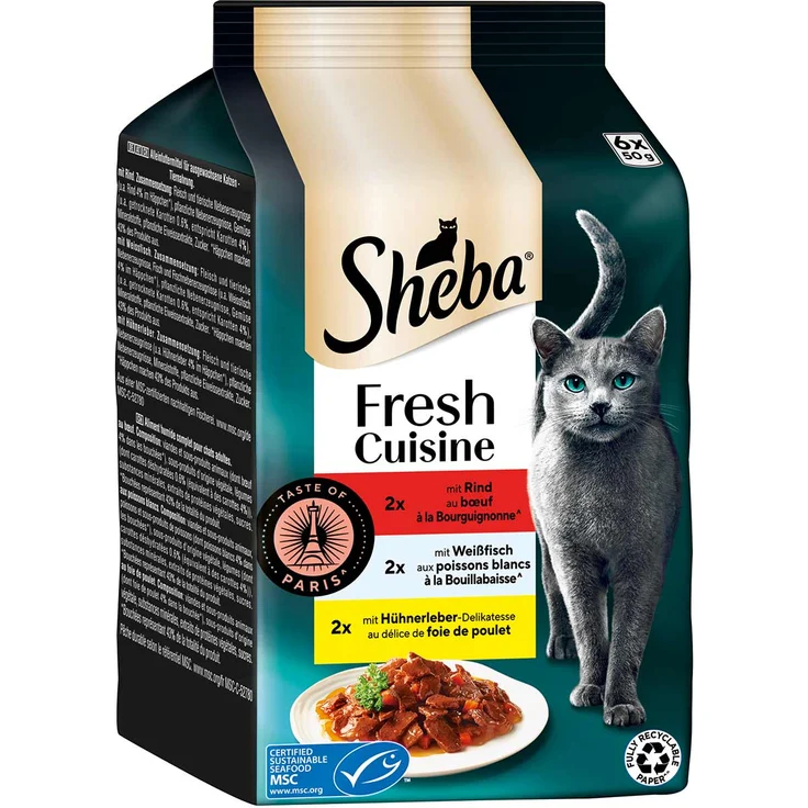 Sheba Fresh Cuisine Taste of Paris, Katzen-Nassfutter mit Rind, Weißfisch und Huhn, 6x50 g, ohne künstliche Farb- und Konservierungsstoffe, recyclingfähige Verpackung – Bild 1