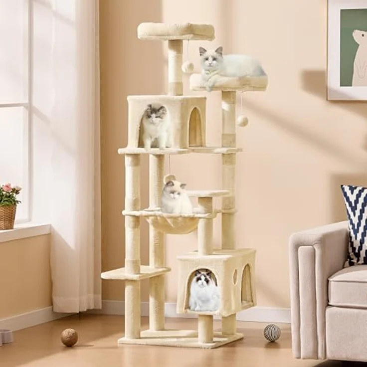 MSmask Kratzbaum groß, L Katzenbaum Stabil, Katzenkratzbaum mit 2 Plattformen, 2 Katzenhöhlen, Hängematte, Sisalsäulen, mehrstöckiger Kletterbaum für Katzen (Beige, 160 cm) – Bild 3