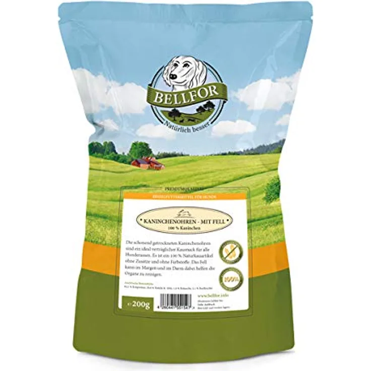 Bellfor Kaninchenohren mit Fell, 200 g - Natürliche Hunde Kauartikel zur Unterstützung der Magen-Darm-Gesundheit, getreidefrei und hypoallergen