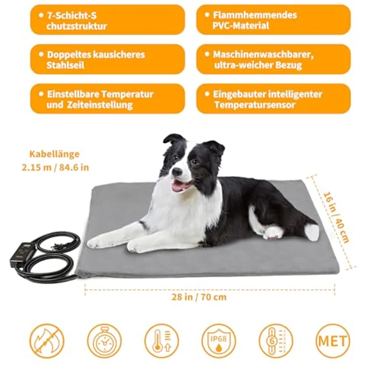Toozey Heizmatte für Katzen und Hunde, elektrisch, 70x50 cm, temperatur- und timer-einstellbar, weich, grau - L – Bild 2