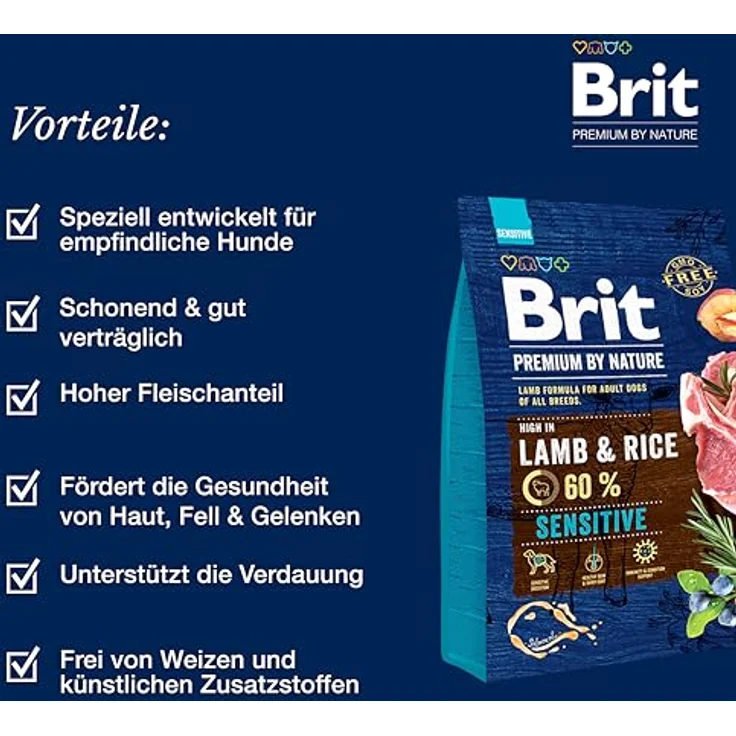 Brit Premium Sensitive Trockenfutter mit Lamm, 1 kg - schonende Rezeptur für empfindliche Hunde, weizenfrei, mit Lachsöl und Präbiotika – Bild 2