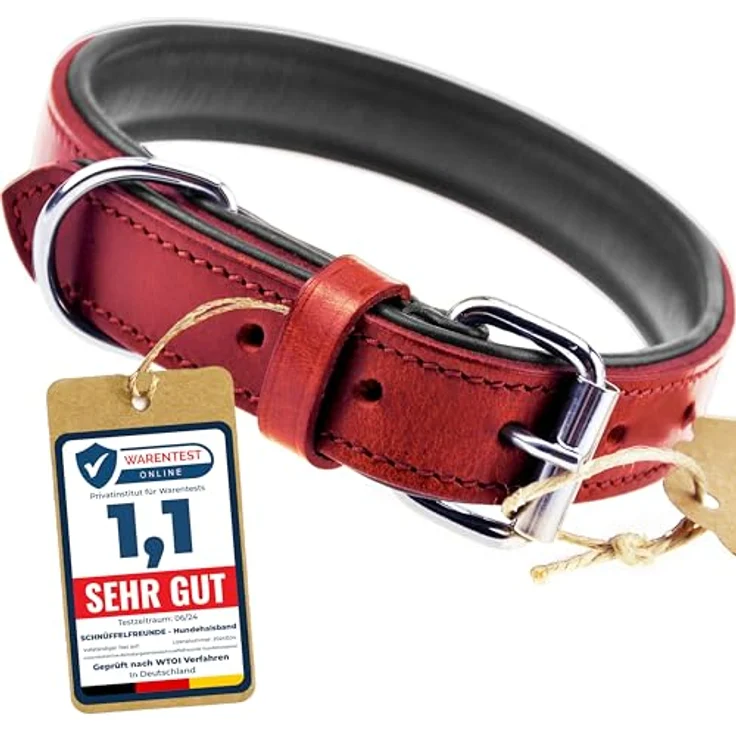 Schnüffelfreunde Hundehalsband aus Leder, gepolstert und robust, für große, mittlere und kleine Hunde, XL (46-55cm), rot – Bild 1